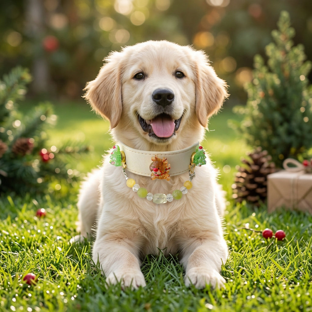 Dog collar, Cream leather Christmas dog collar with reindeer and tree charms, beaded chain on golden retriever puppy, outdoor holiday scene |DIY Jade