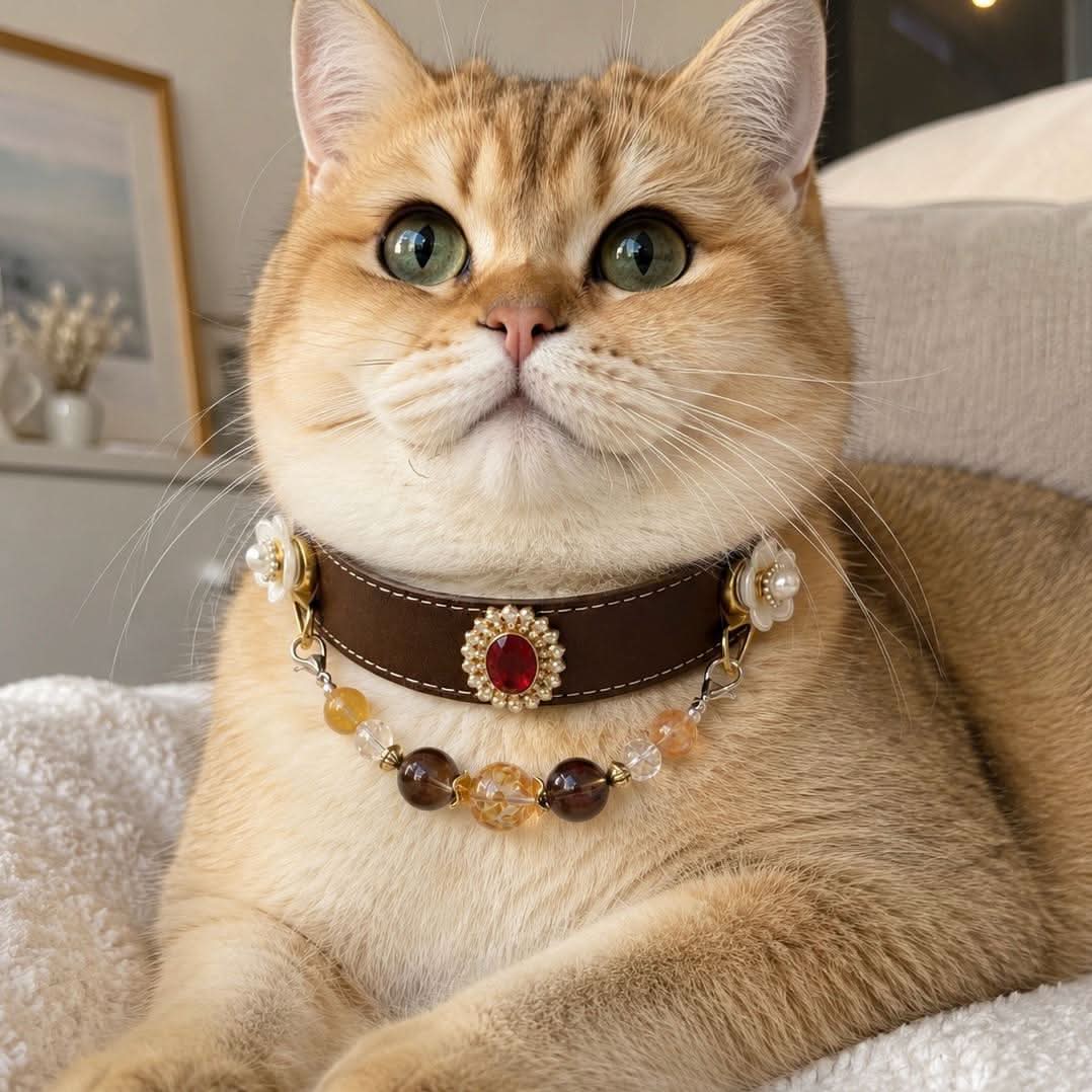 House cat modeling luxury beaded crystal pet collar in soft home background | DIY Jade