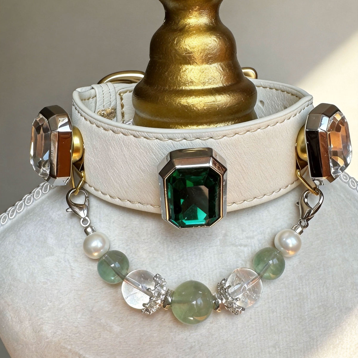Luxury white leather pet collar with emerald gem and jade bead chain | DIY Jade