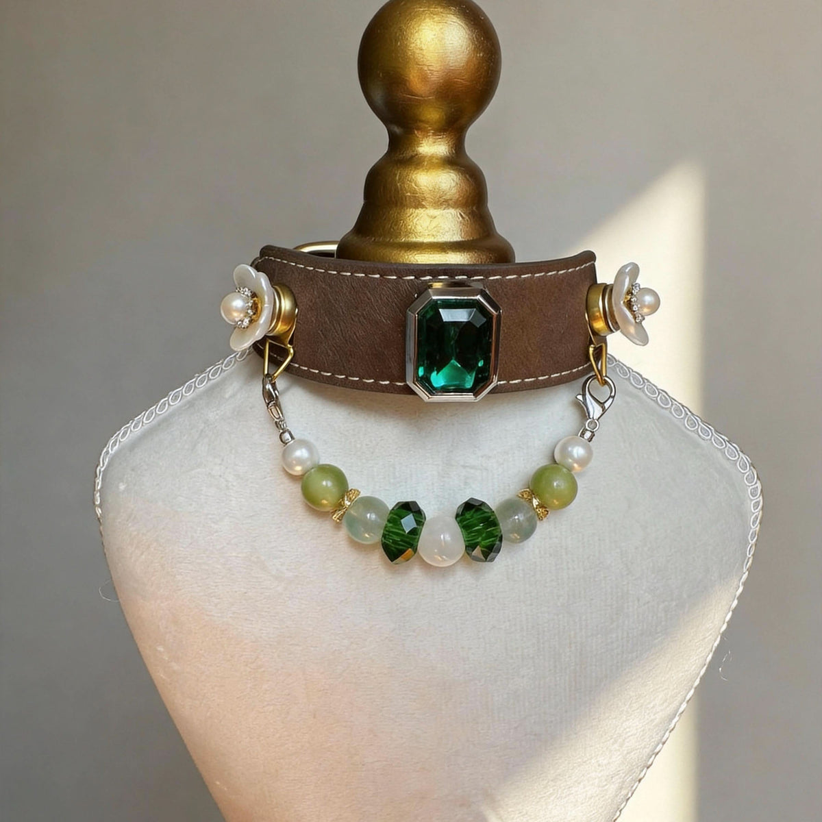 Handmade pet collar with emerald stone and mixed jade beads on bust | DIY Jade