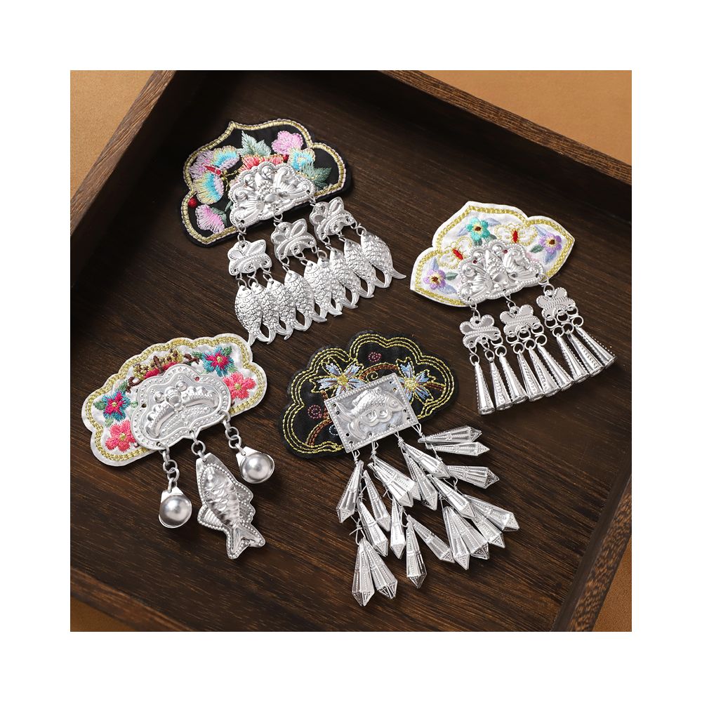 Ethnic embroidered silver tassel brooch collection