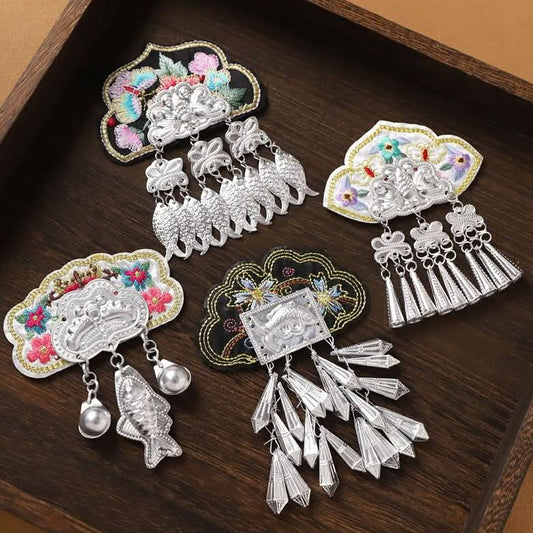 Ethnic embroidered silver tassel brooch collection