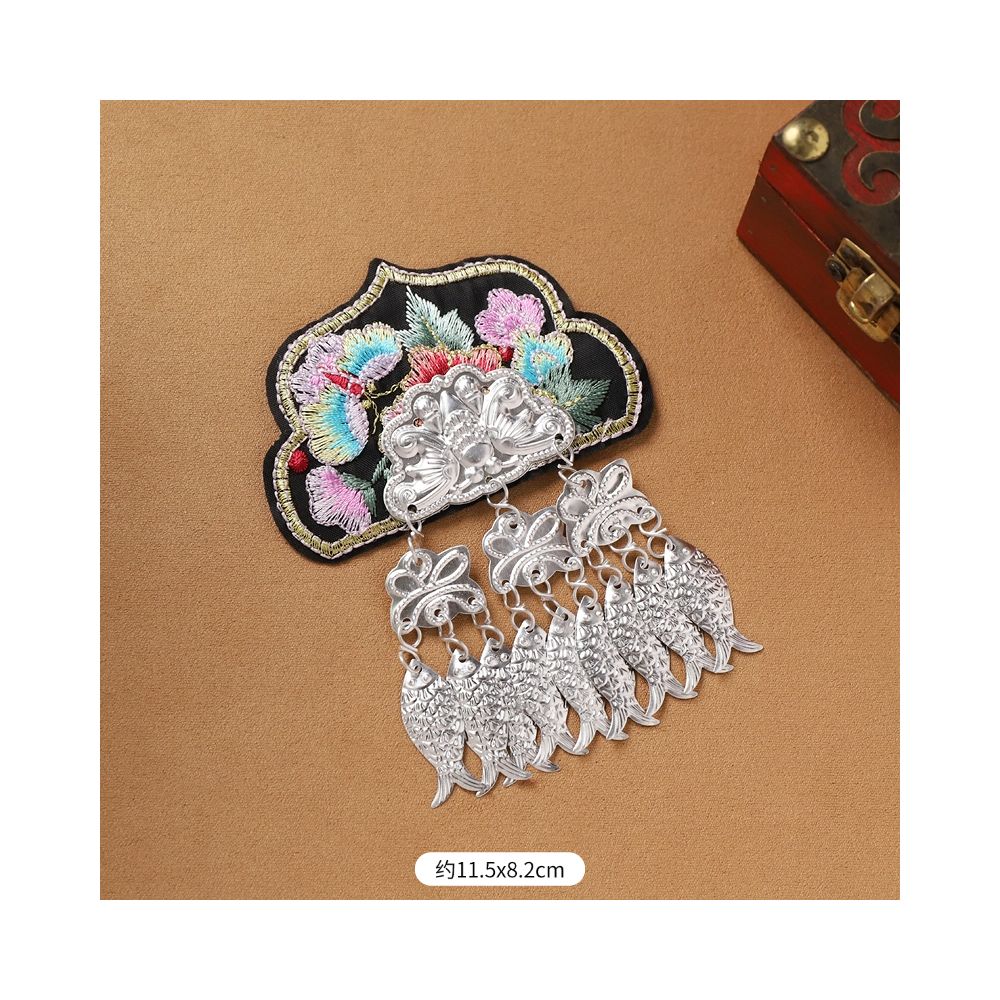 Large ethnic embroidered silver tassel brooch