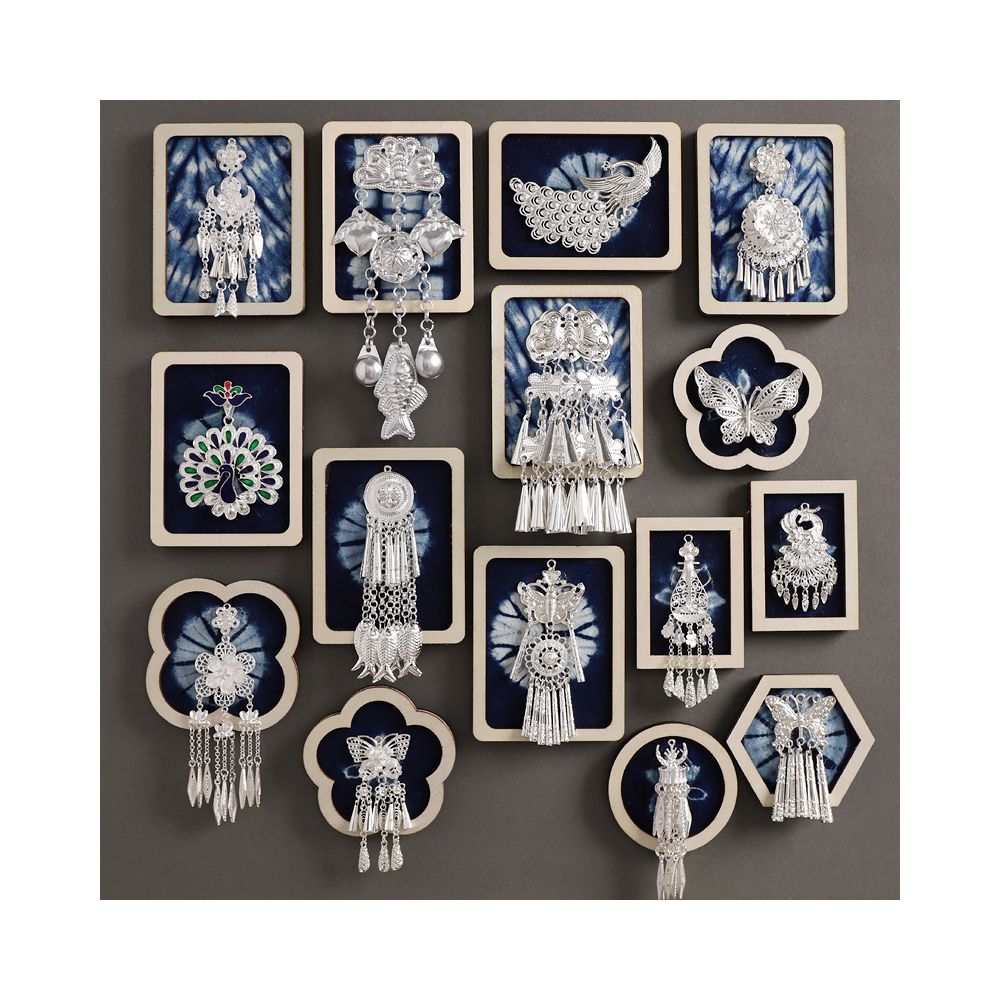 Ethnic blue embroidery silver tassel brooch collection 01