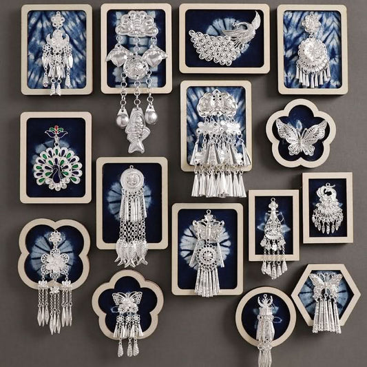 Ethnic blue embroidery silver tassel brooch collection 01