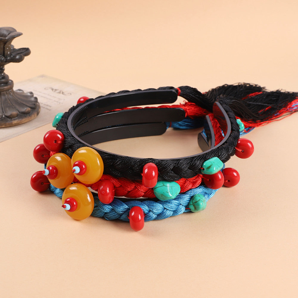 ethnic black braided hair hoop headband featuring red beads, turquoise decorative pieces 02