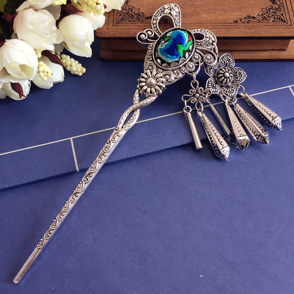 silver tone hair stick earring set featuring ornate details, a colorful accent 01