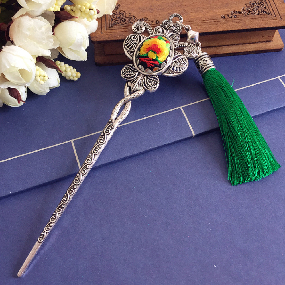 silver tone hair stick earring set featuring ornate details, a colorful accent 02