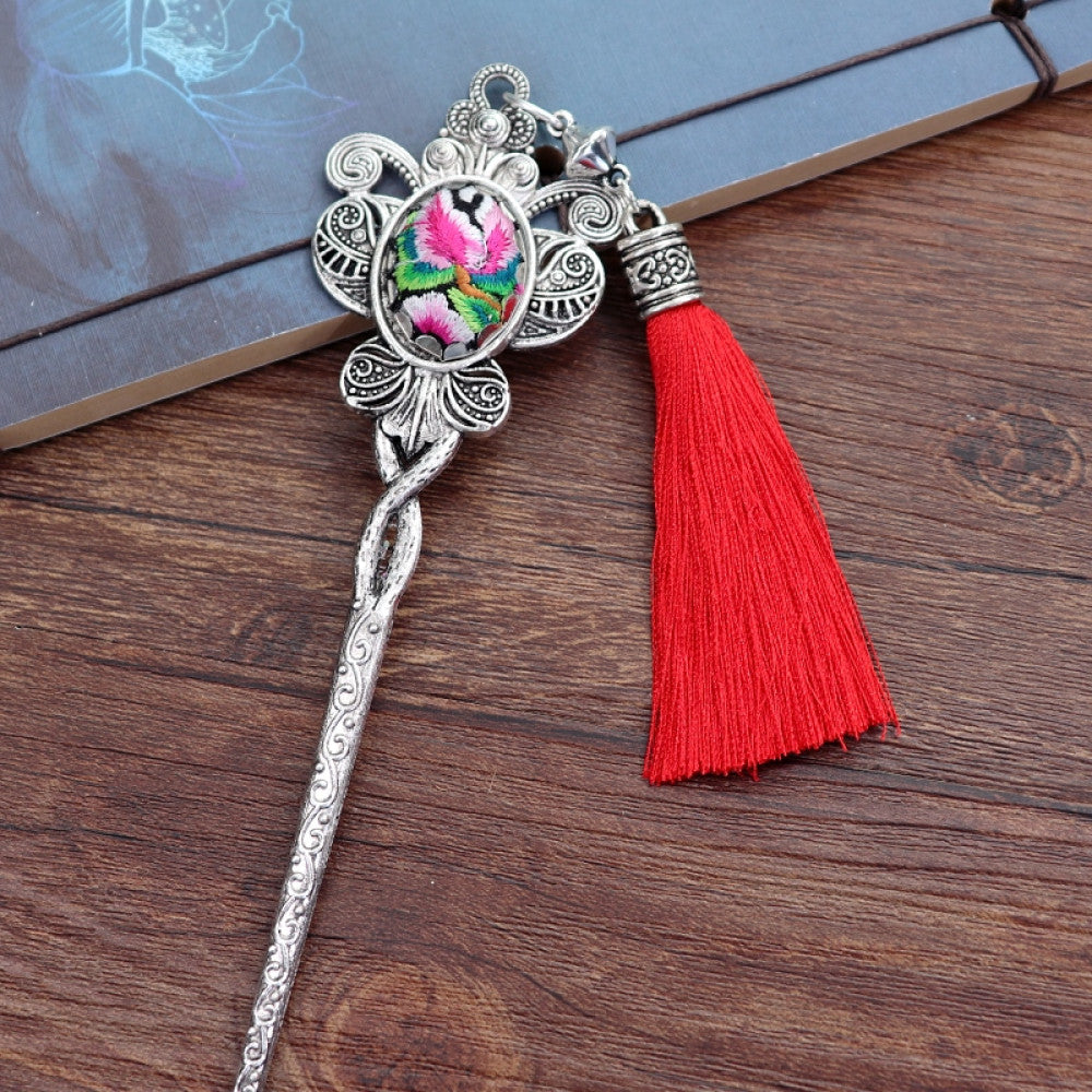 
silver tone hair stick earring set featuring ornate details, a colorful accent 03