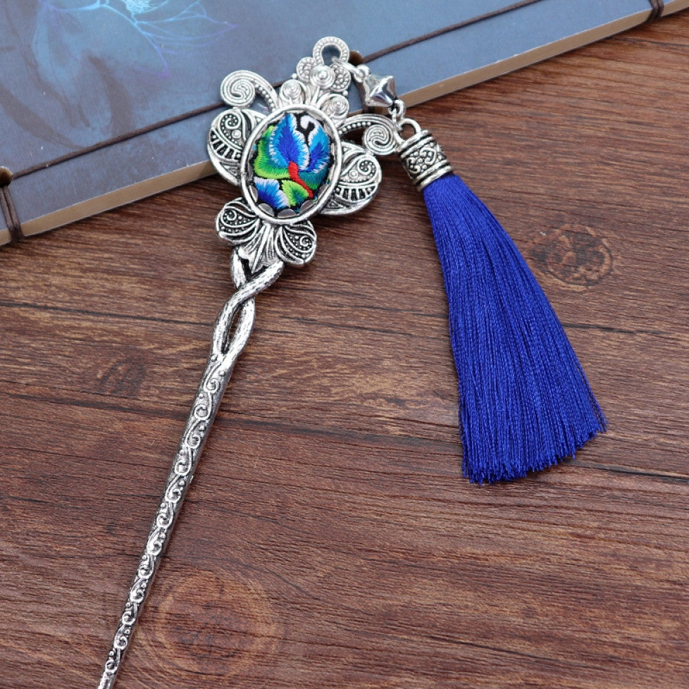 silver tone hair stick earring set featuring ornate details, a colorful accent 04