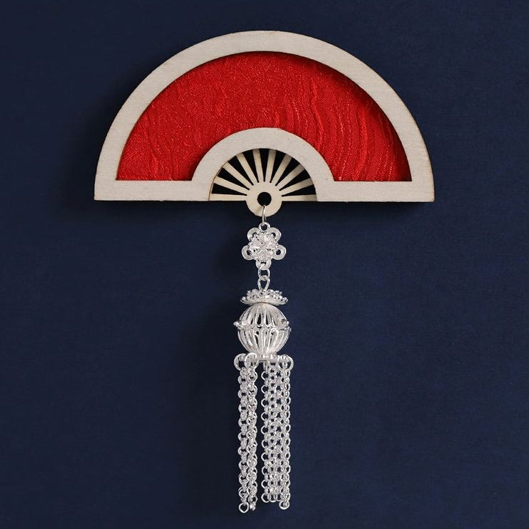 Red folding fan shape wooden fridge magnet, Miao silver hanging tassel ornament