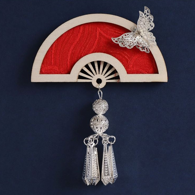 folding fan shape fridge magnet, Miao silver tassel ornament,