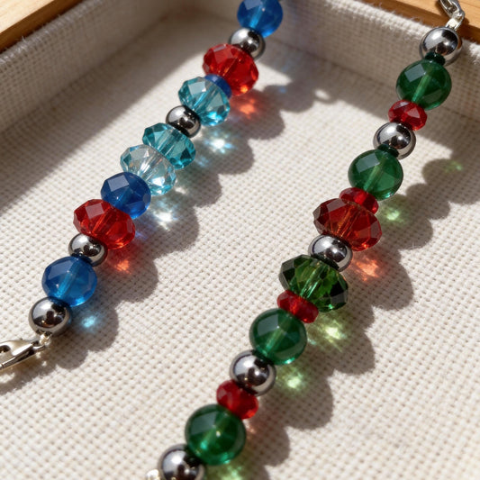 Festive red‑green‑blue faceted crystal detachable bead chains for pet collars flat lay | DIY Jade