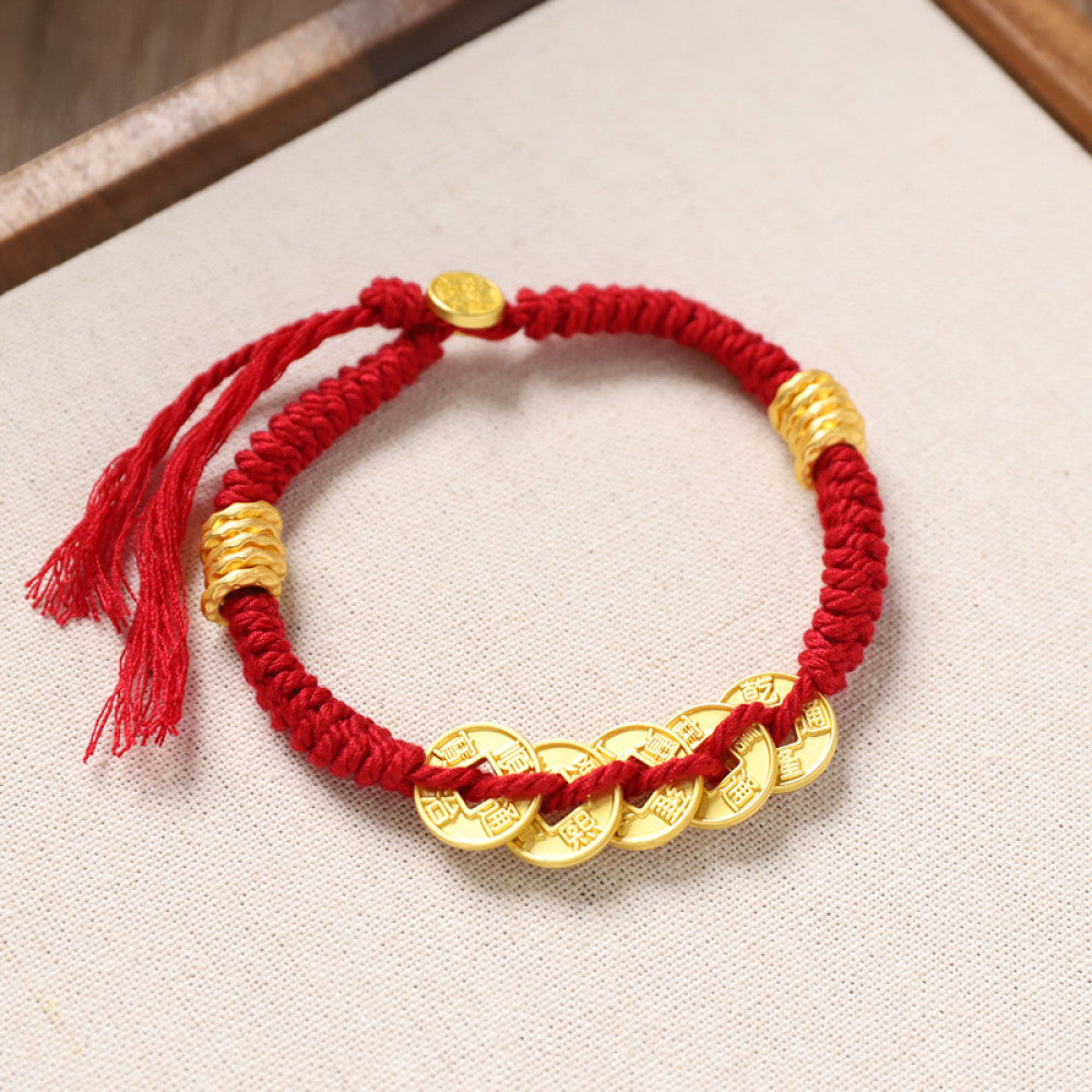 Red string bracelet with five gold coin beads for good luck | DIY Jade