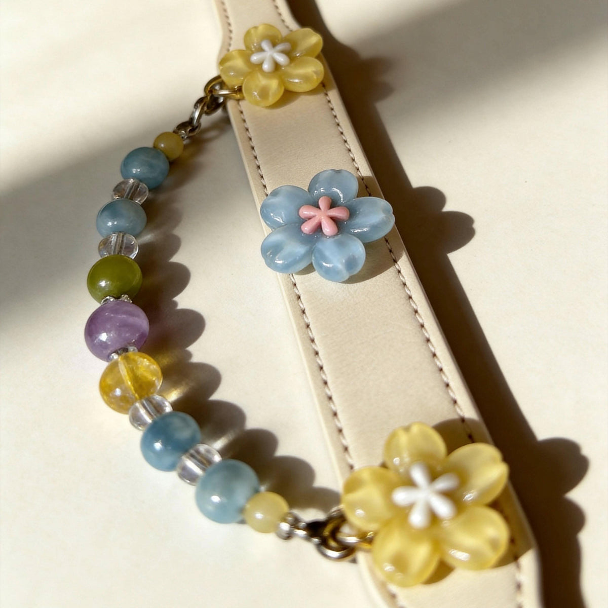 Flat shot cream leather pet collar, pastel sakura ornaments and mixed multicolored jade bead strand | DIY Jade
