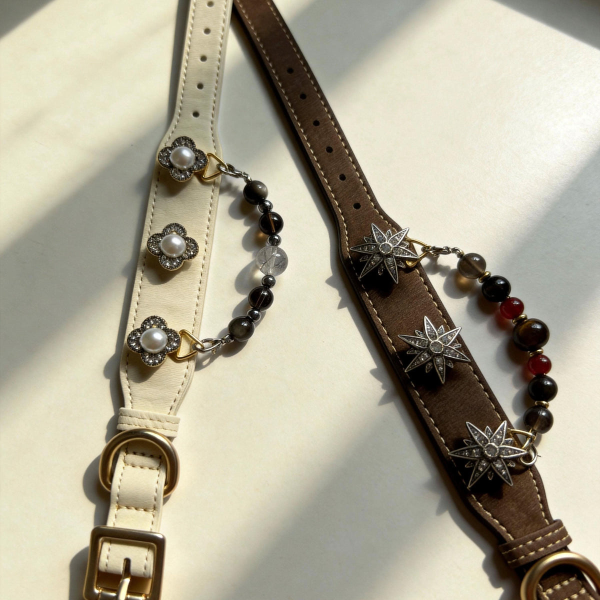 Flat lay view brown leather pet collar with star rhinestones and multi-color jade bead strand | DIY Jade