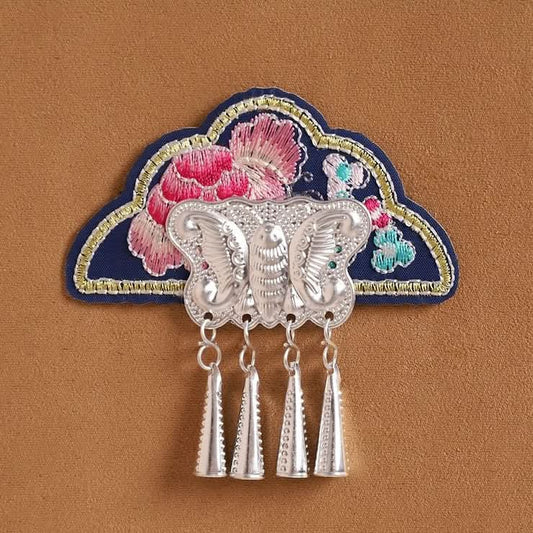 Petal‑shape embroidered applique, floral embroidery with imitation silver tassel pendants