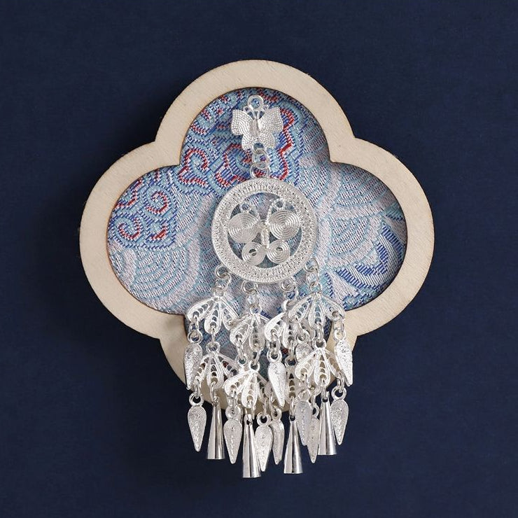 Quatrefoil wood fridge magnet, blue patterned brocade, Miao silver big pendant decor
