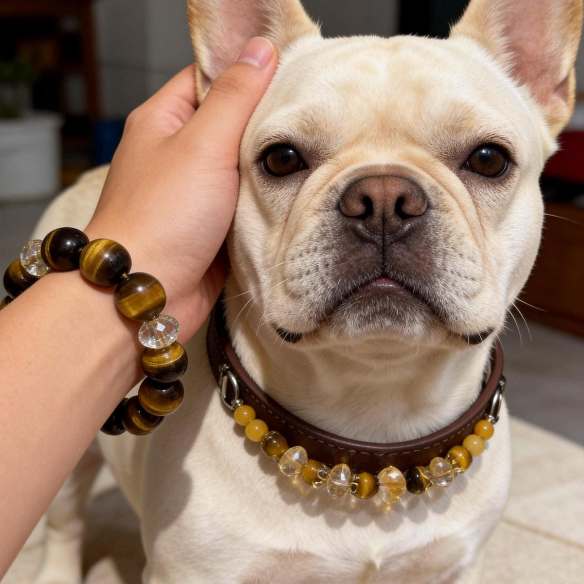 French bulldog wearing brown leather collar with owner’s tiger‑eye bead bracelet | DIY Jade