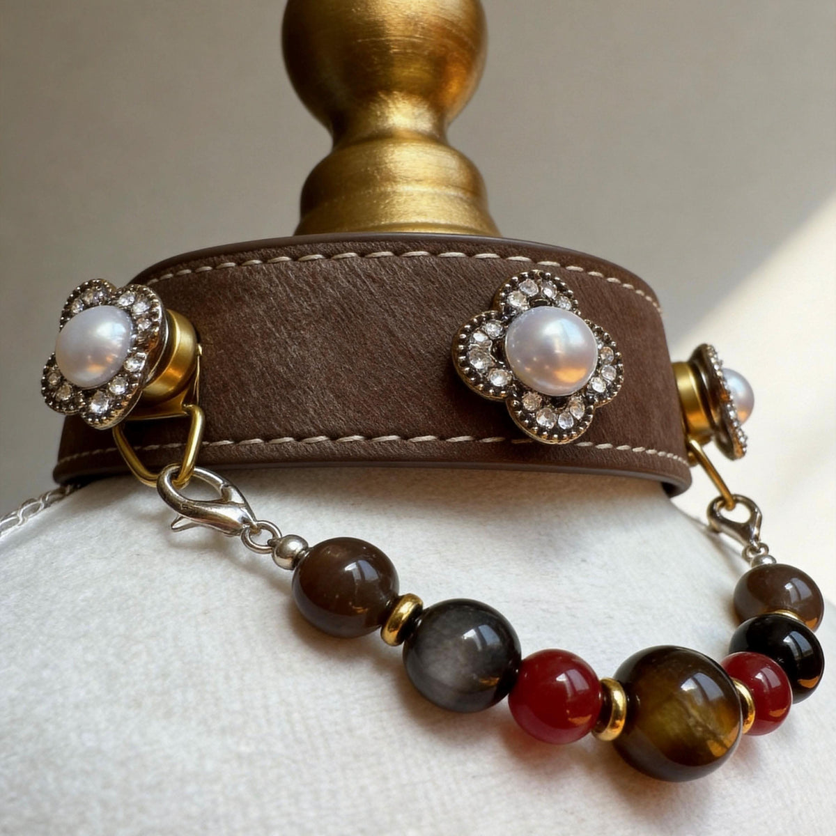 Front display of vintage leather pet collar set with pearls and round natural jade beads | DIY Jade