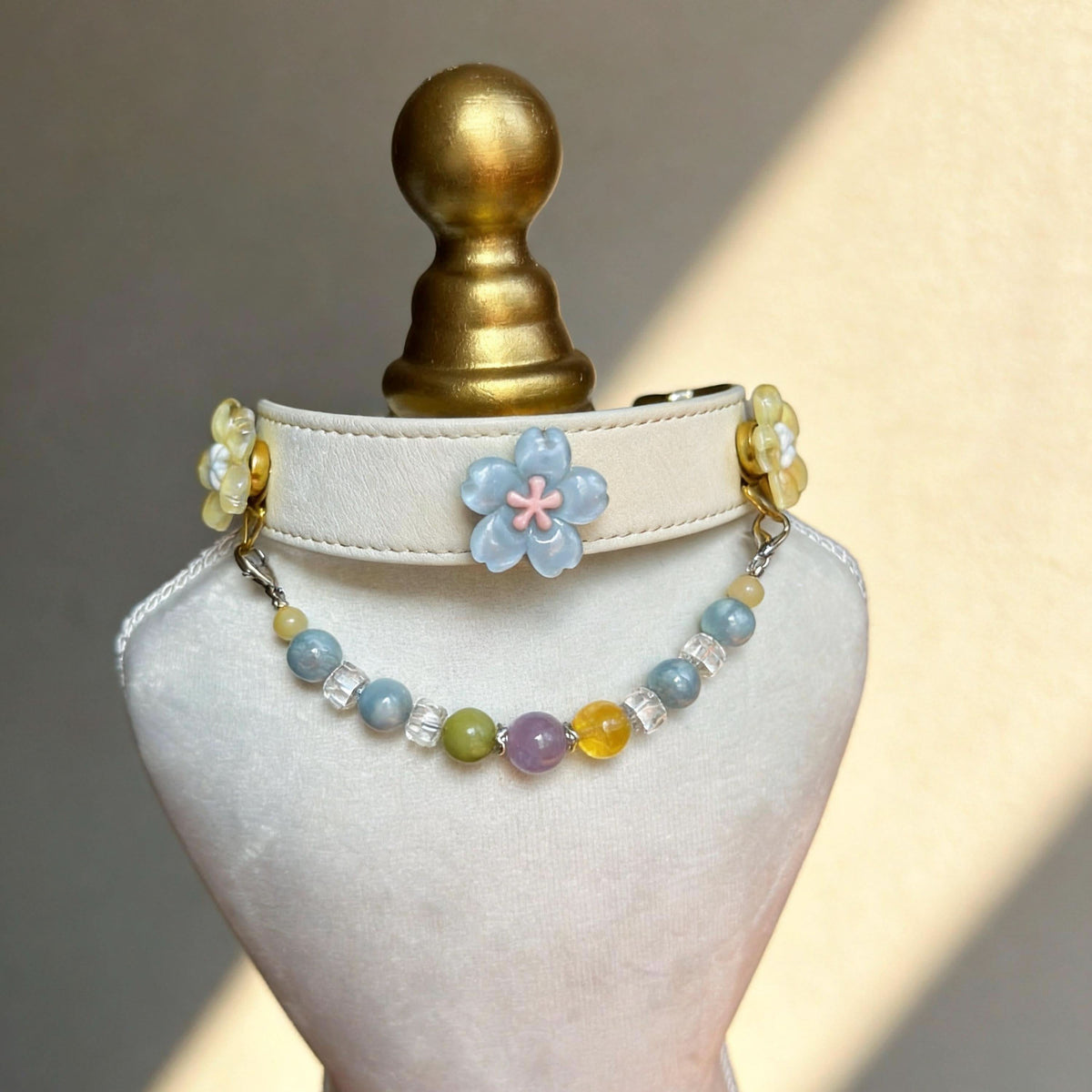 Front view cream leather pet collar with pastel flower charms and glossy multi-color jade beads | DIY Jade