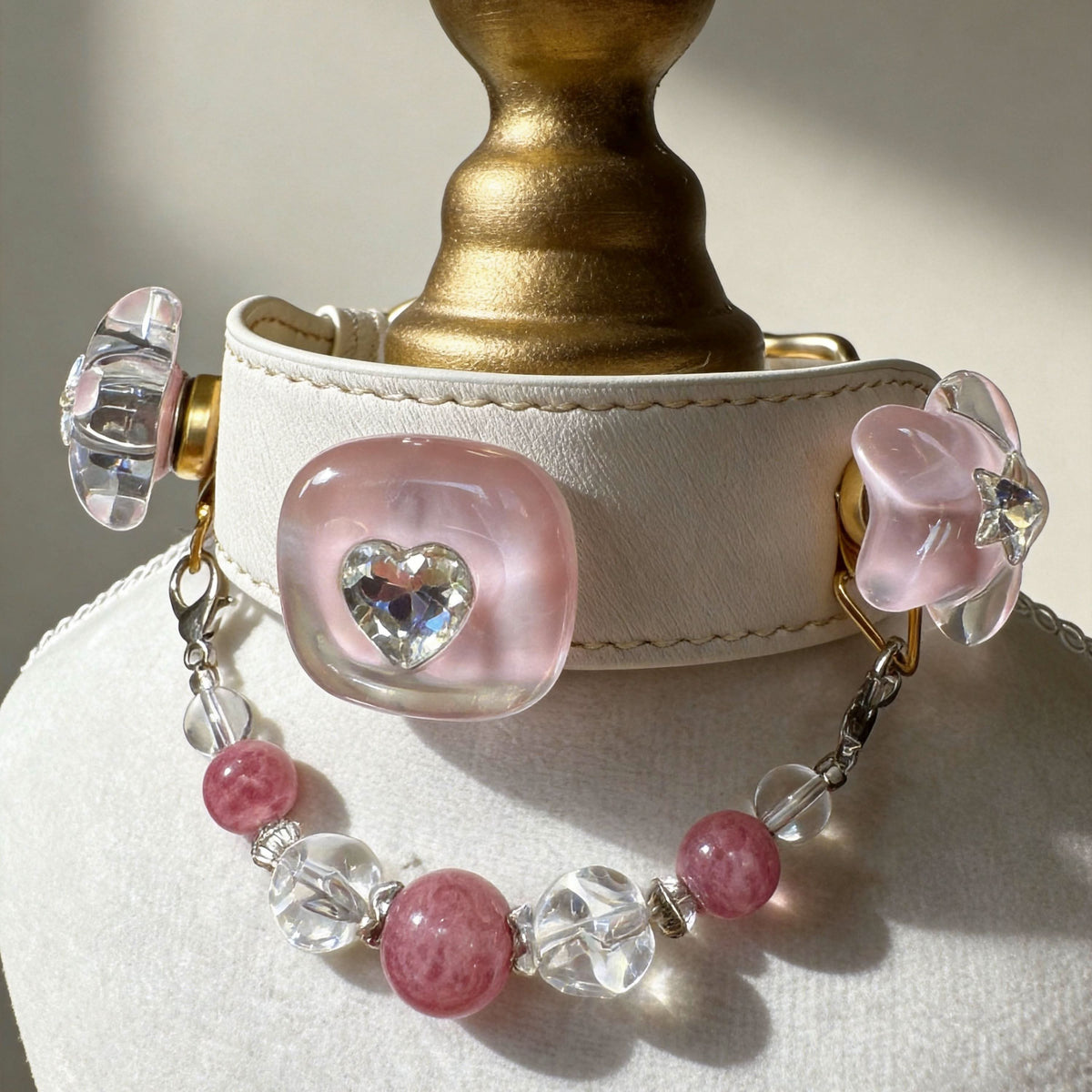 Front display of cream pet collar with heart charm and translucent pink jade beads | DIY Jade