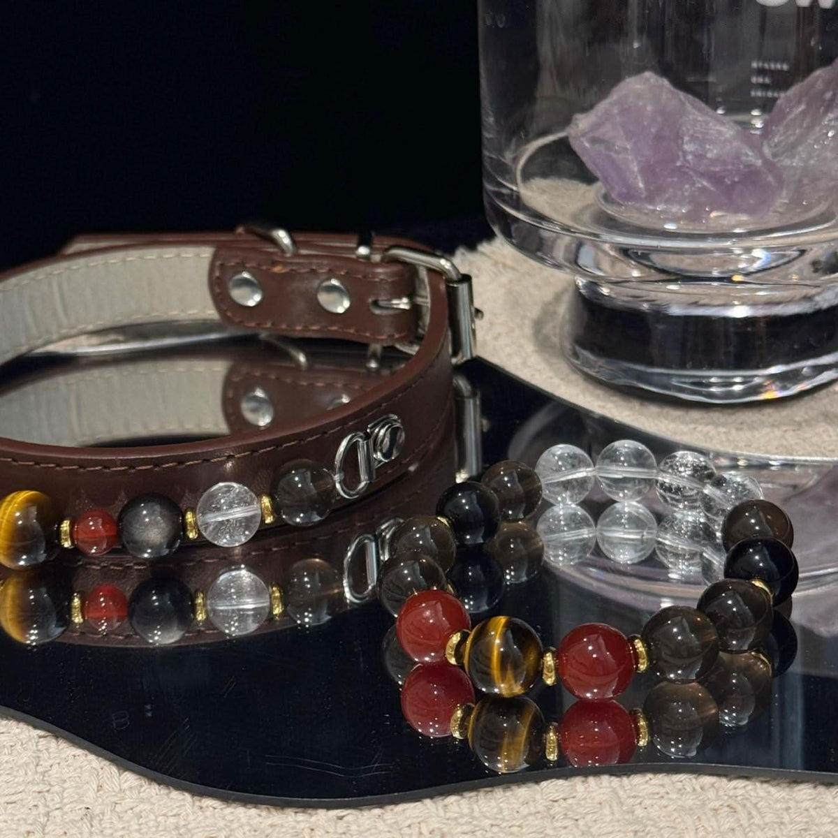 Complete dark‑tone pet collar and matching bracelet set product layout shot | DIY Jade