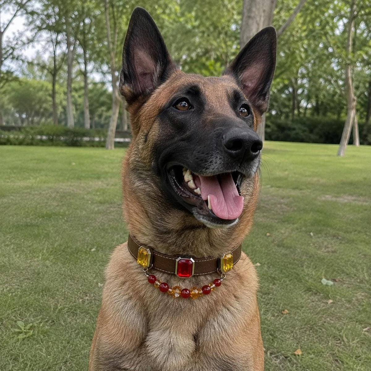 German shepherd outdoors in a gemstone pendant pet collar|DIYJade