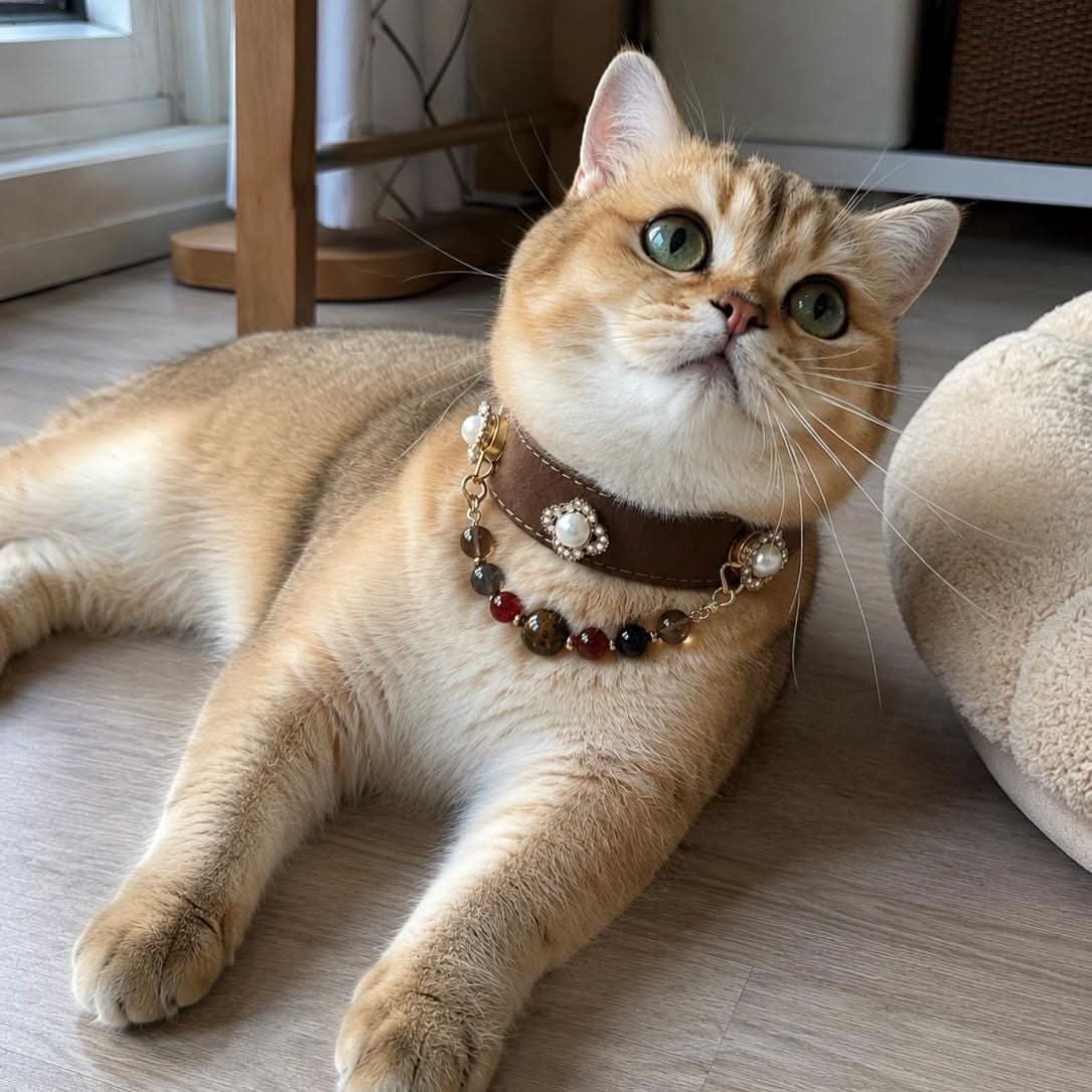 Lying golden cat portrait wearing antique pearl decorated jade bead collar | DIY Jade