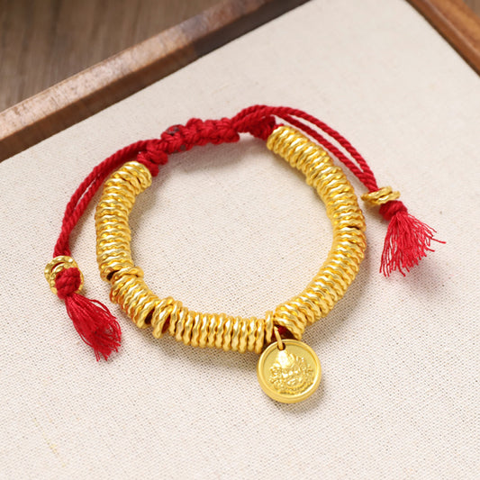 Chinese style red string bracelet with stacked gold beads and disc charm | DIY Jade