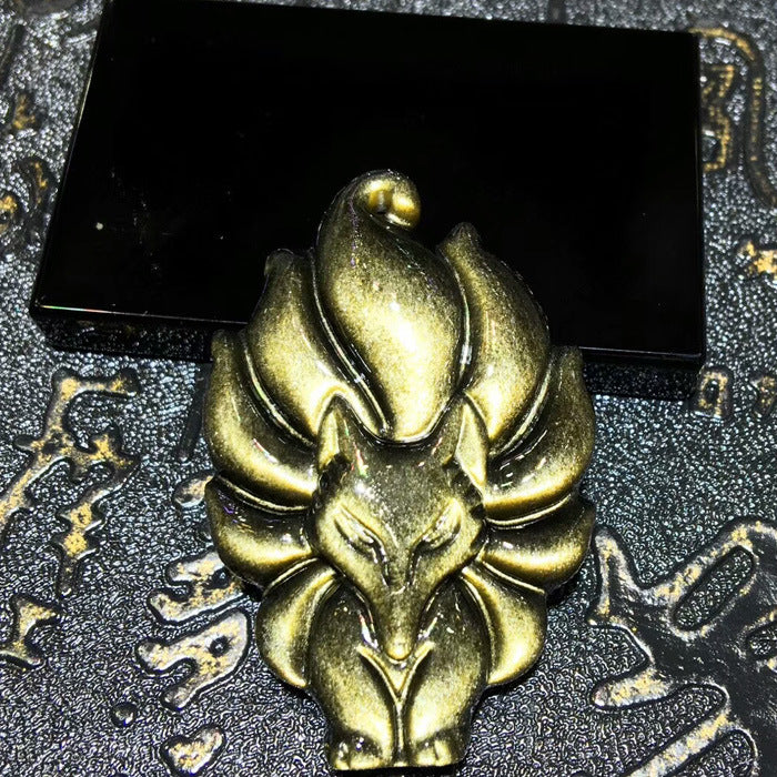 Golden sheen obsidian nine-tailed fox carving, polished lucky charm | DIY Jade