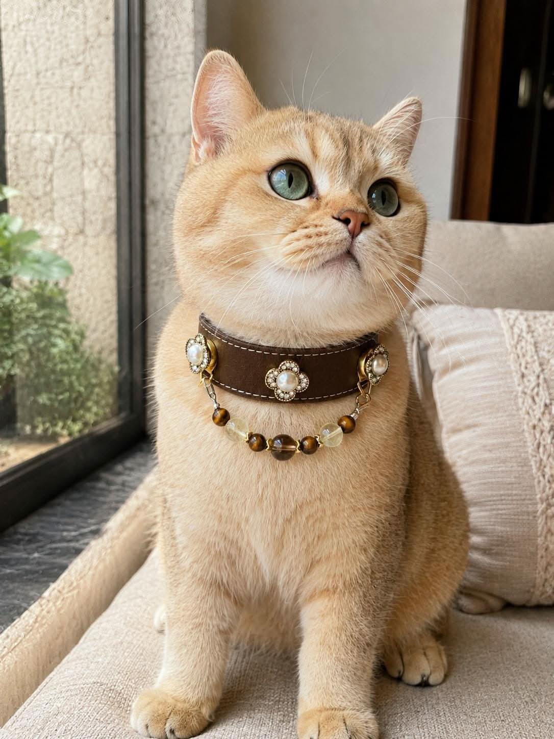 Golden british shorthair cat wearing clover pearl decorated pet collar indoor home shot | DIY Jade