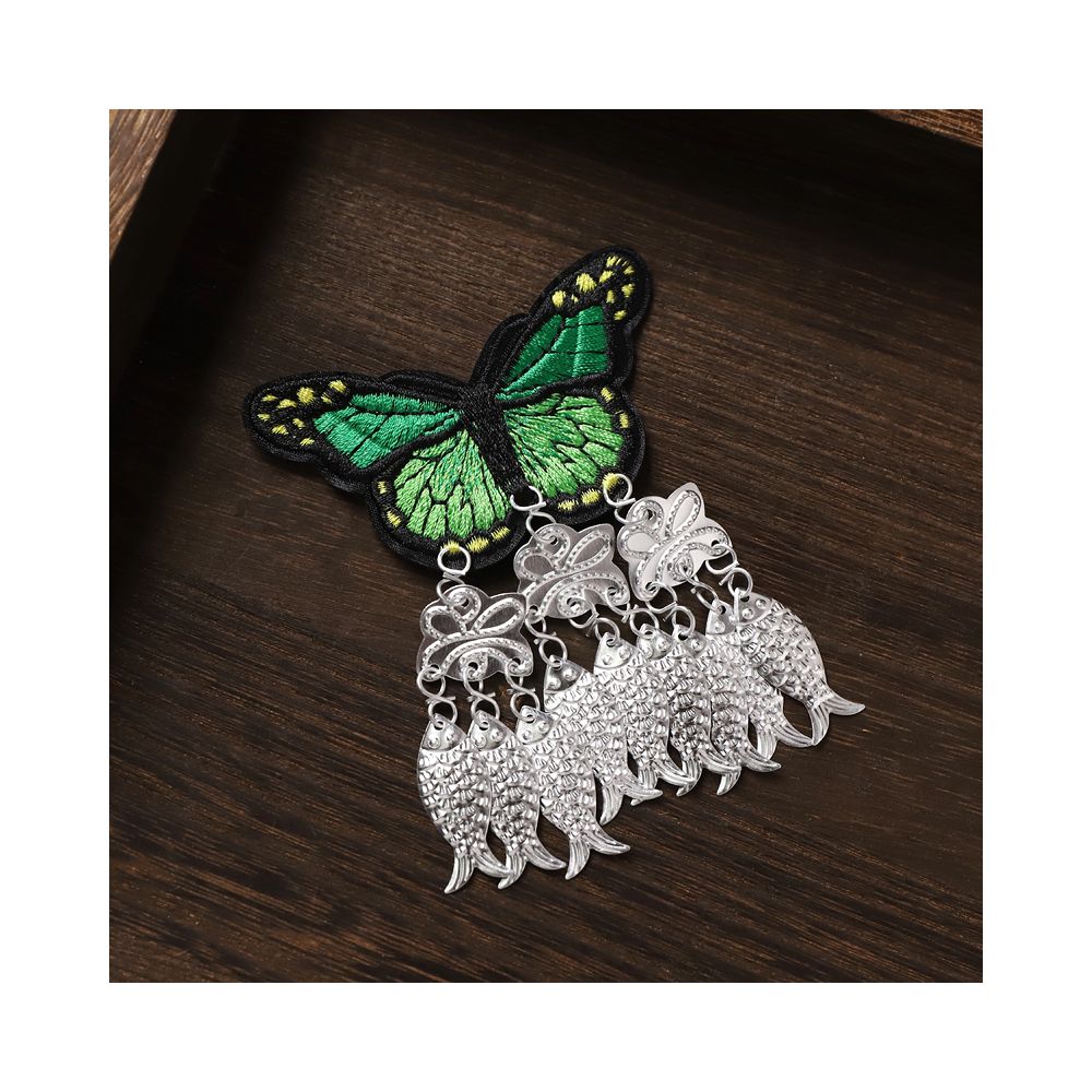 Green butterfly earrings with ethnic silver fish tassels