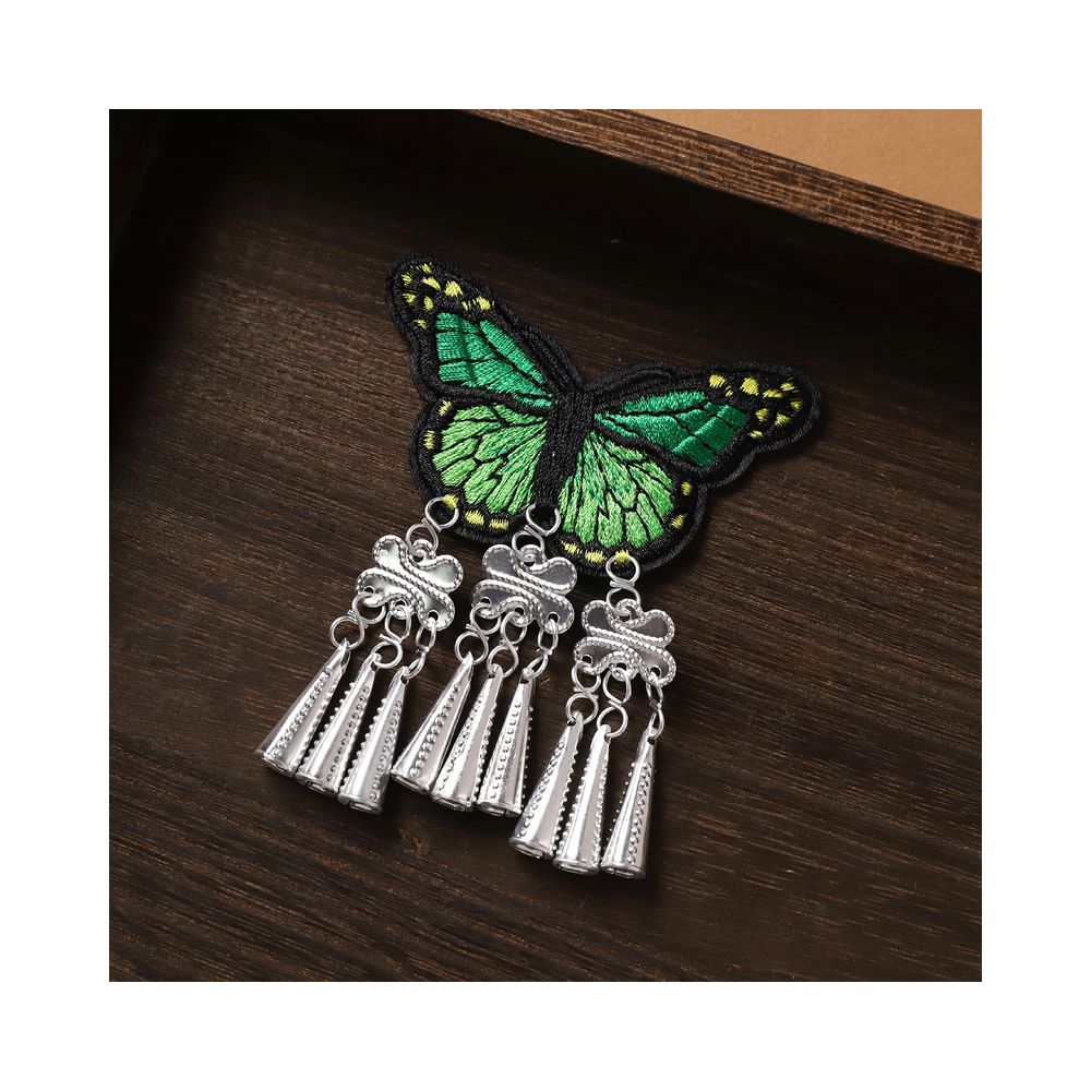 Green butterfly earrings with ethnic silver tassel fringe