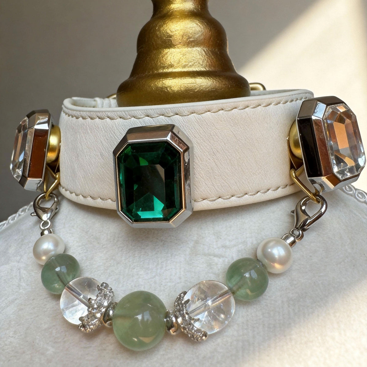 Faux emerald crystal pet collar on golden mannequin bust | DIY Jade