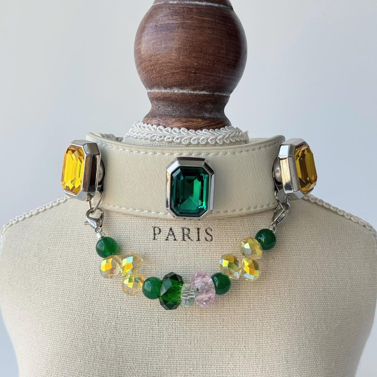 Green crystal pet collar on display stand — with beaded charm chain|DIYJade