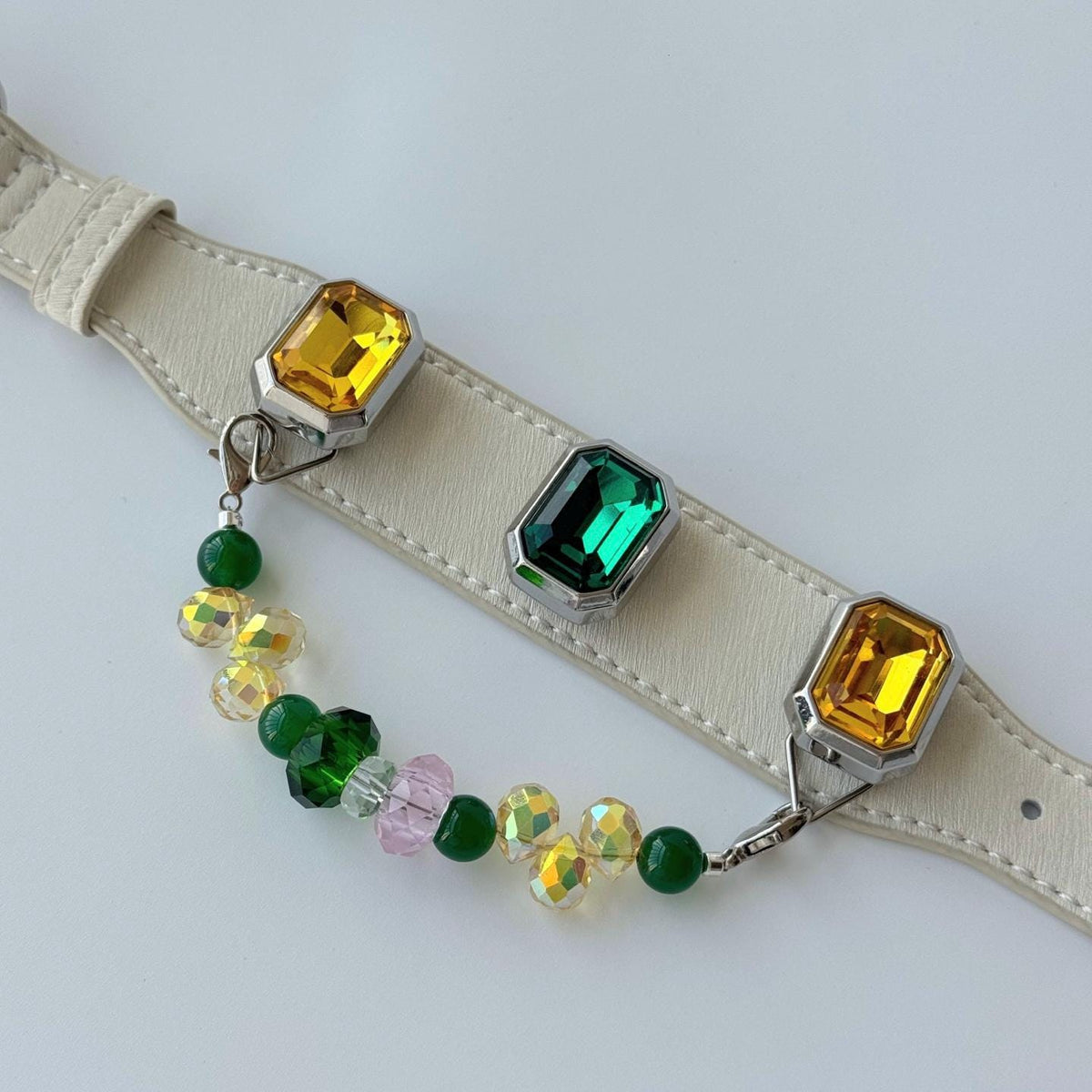 Green crystal pet collar flat lay — with green and yellow bead charm|DIYJade