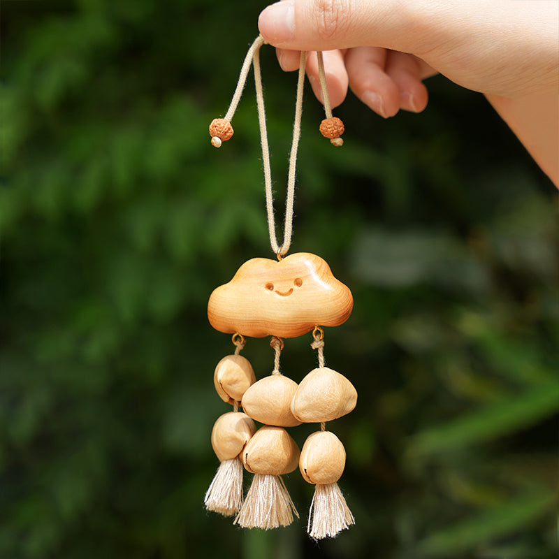 Hand‑held cloud carved wood and seed pod tassel ornament outdoor shot | DIY Jade