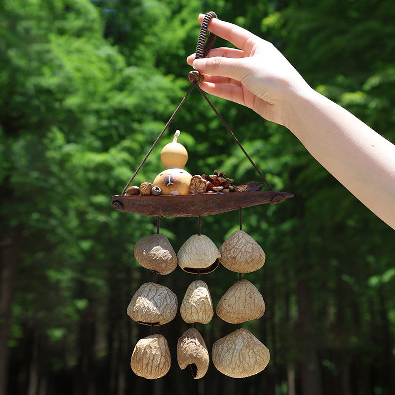 Hand‑carried natural seed pod wind chime, rustic botanical hanging decoration for patio | DIY Jade