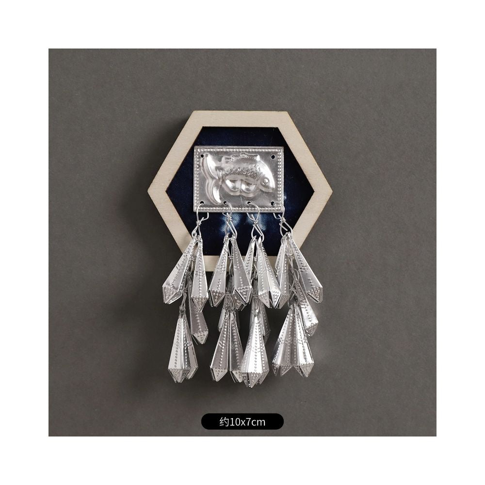Hexagon ethnic silver brooch with tassels