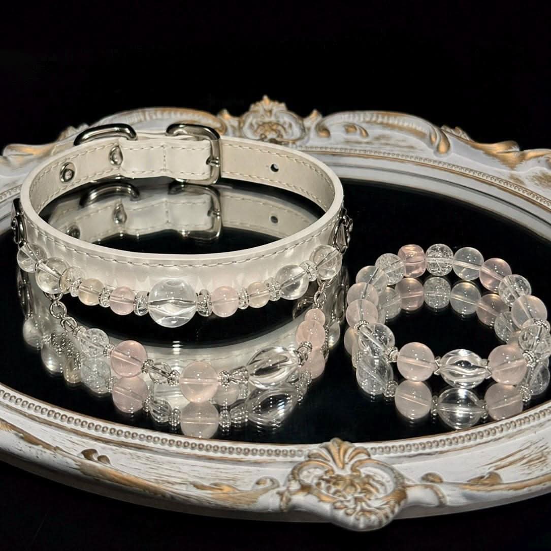 Pet collar and human matching bracelet set arranged on vintage tray | DIY Jade
