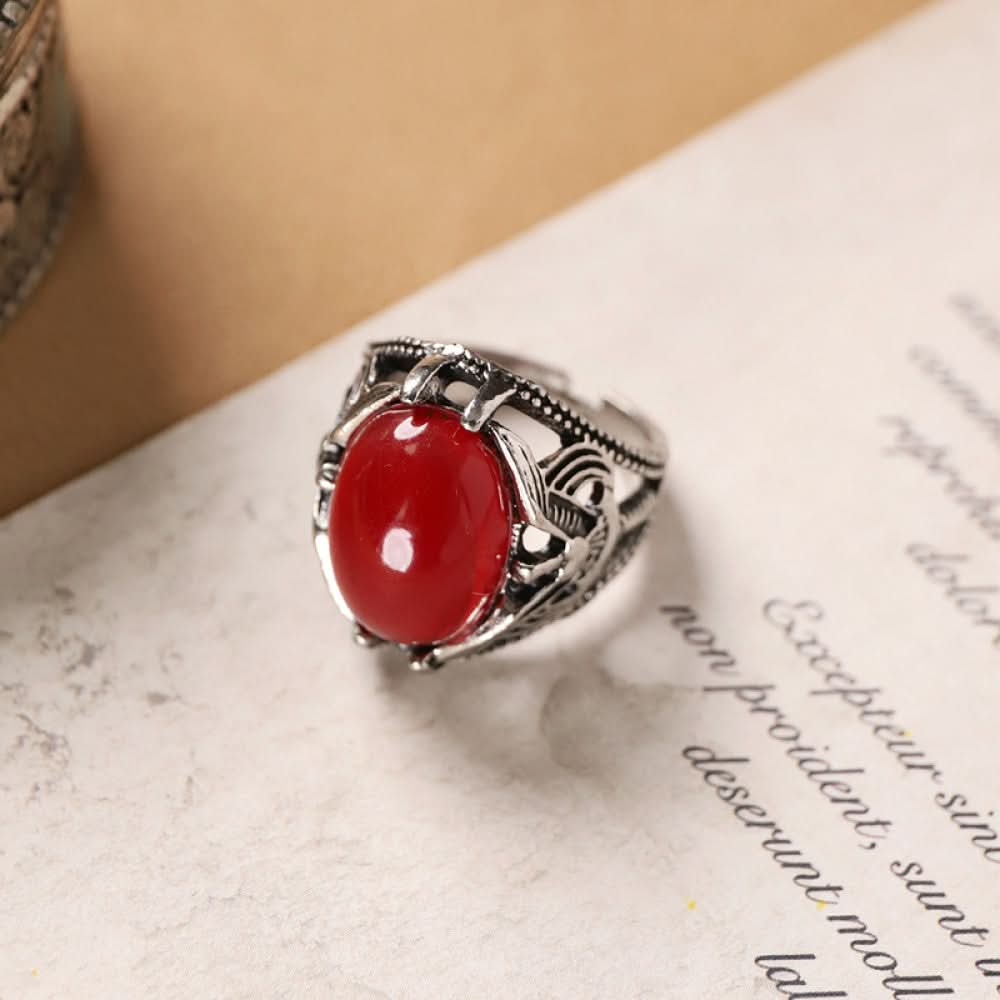 Silver ring red agate flower design silver color | DIY Jade