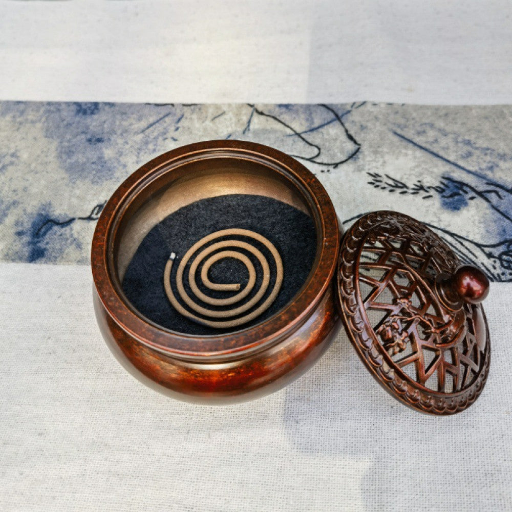 Incense burner with coil inside, open lid showing spiral incense tray | DIY Jade