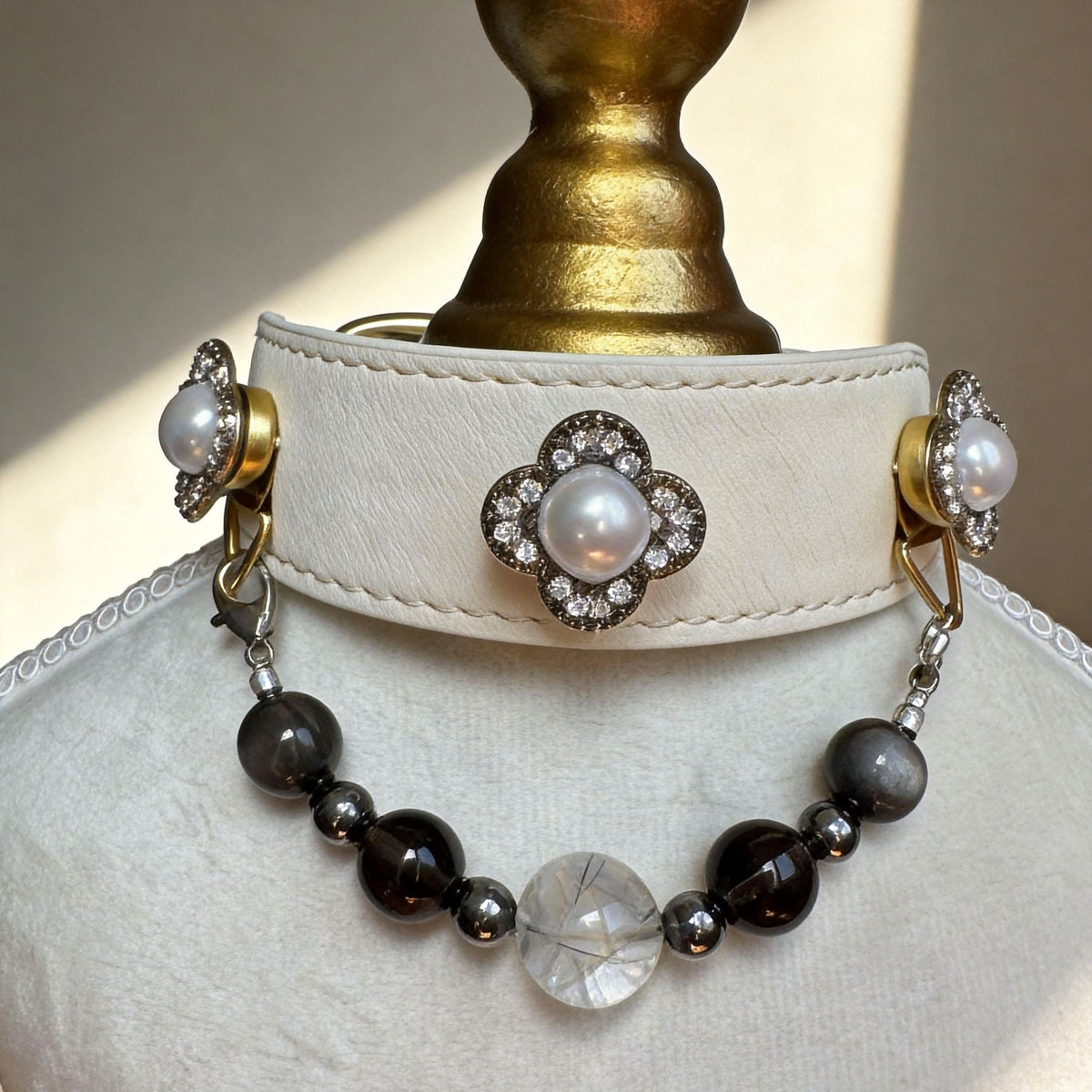 Ivory leather pet collar closeup, four-leaf pearl crystal ornament and smoky jade bead chain | DIY Jade
