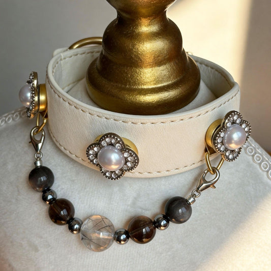 Mannequin bust displaying cream leather pet collar with pearl clover decor and dark jade beads | DIY Jade