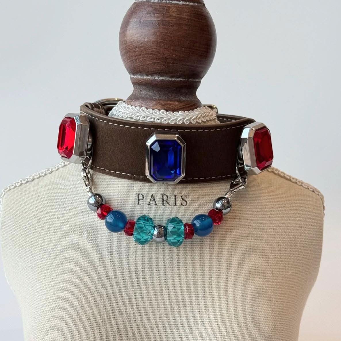 Jewel‑encrusted pet collar showcased on linen fabric mannequin | DIY Jade