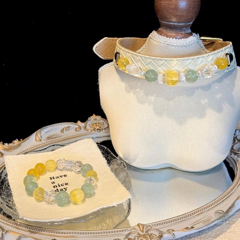 Cream lace pet collar with yellow stone beads, gift box and display bust | DIY Jade