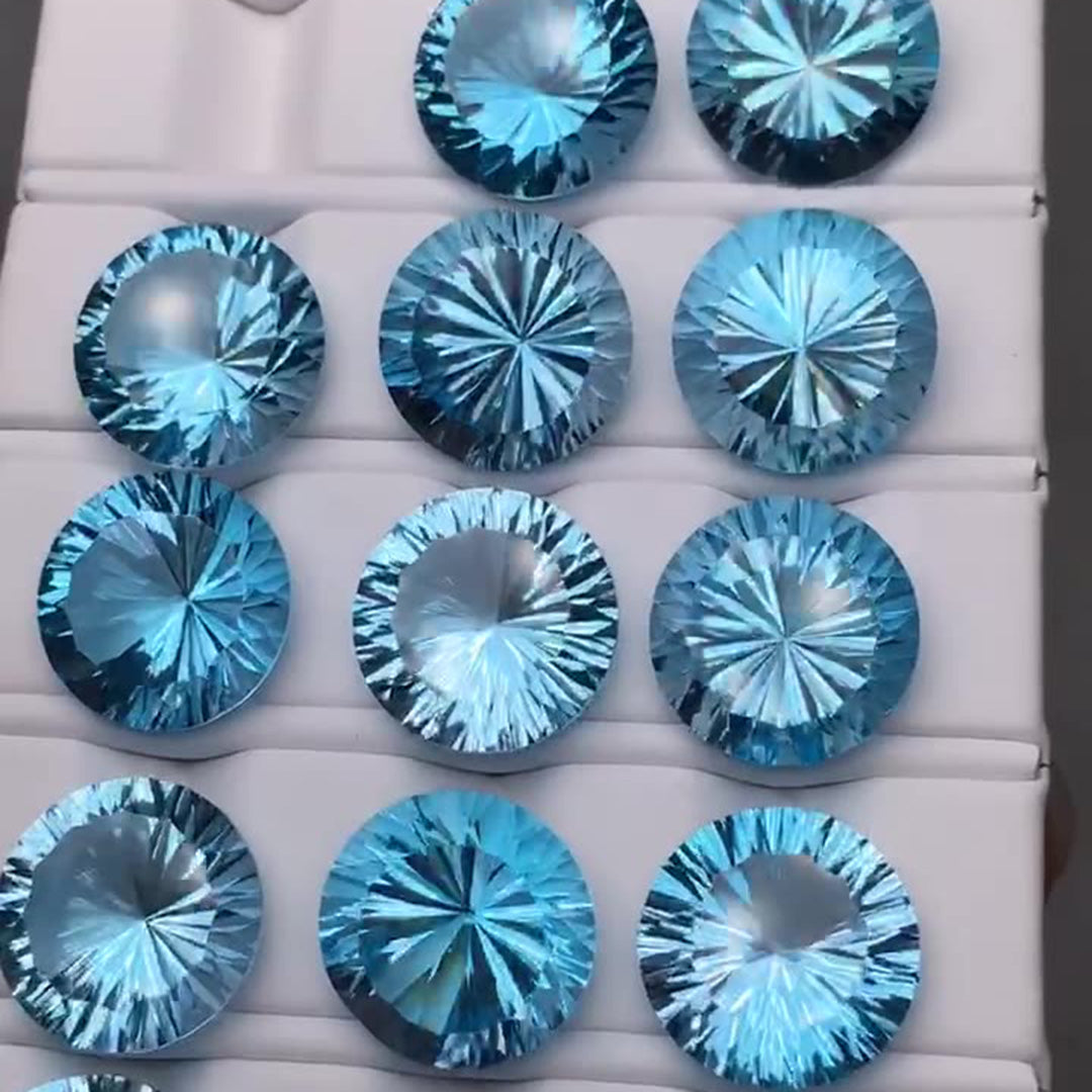 Large round firework-cut light blue loose gemstones with brilliant starburst sparkle | DIY Jade
