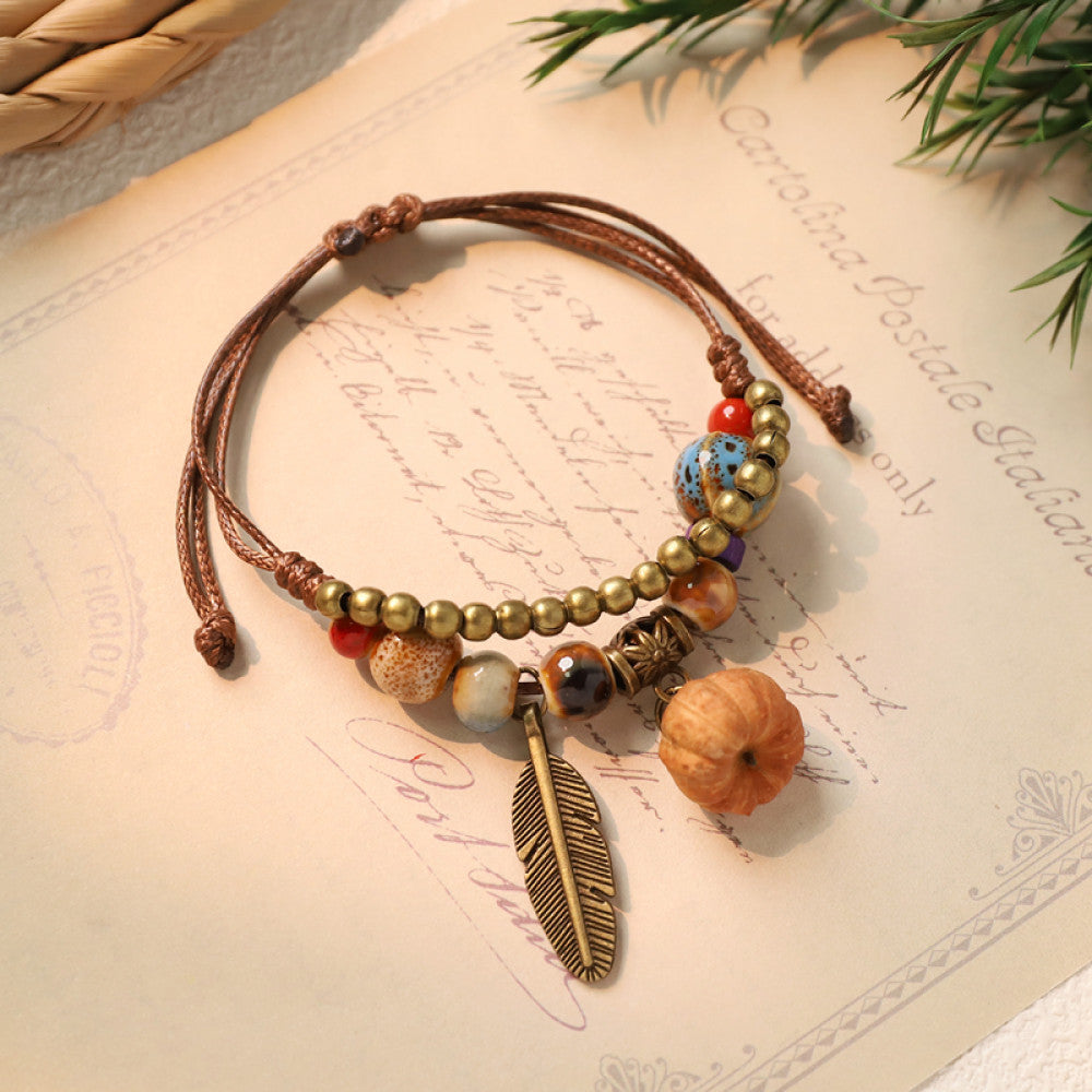 Bohemian bracelet with light brown stone charm and feather | DIY Jade