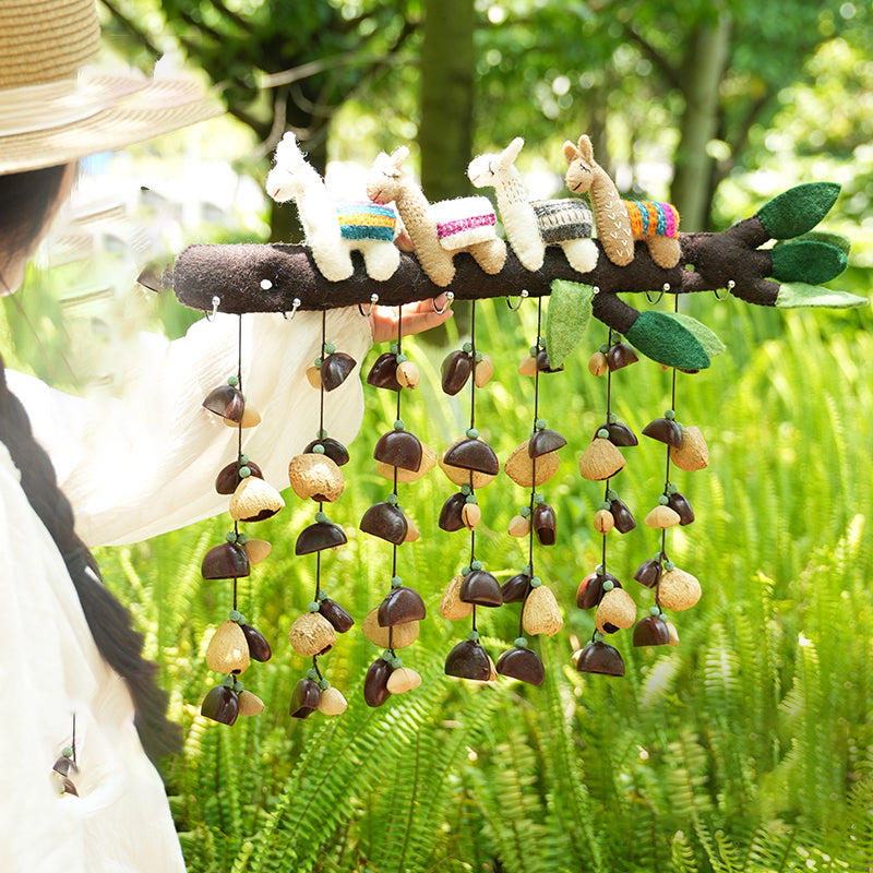 Felt llama ornament wind chime with natural seed pod tassels, garden boho wall hanging decor |DIY Jade